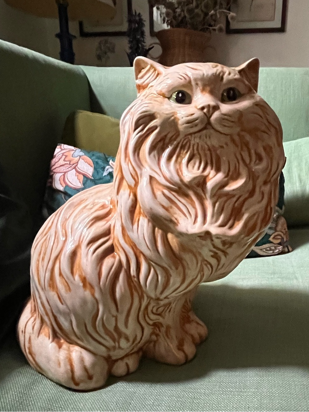 Vintage XL 14" Mid-Century Ceramic Mold Hand-Painted Persian Tabby Cat Figure